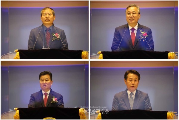 안창현 목사, 김경환 장로, 고동운장로, 태준호 장로가 격려사 및 축사를 하고 있다.
