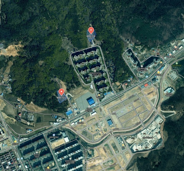 구미노회 부지(우측)와 구미성은교회 부지를 비교하면, 구미노회 부지가 아파트를 바로 밑에 두고 있어서 부적격인 이유를 쉽게 알 수 있어보인다. 